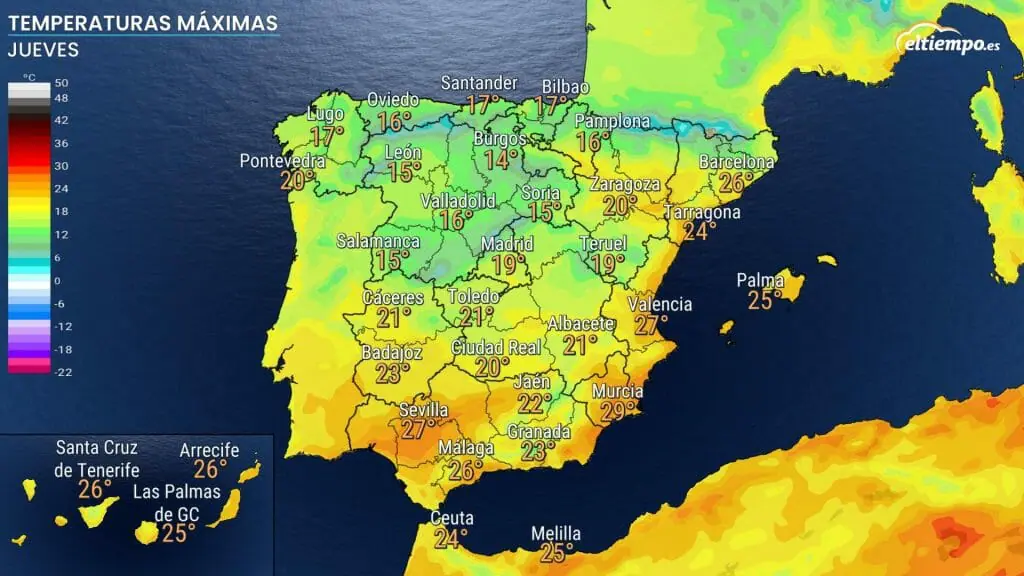 Temperaturas máximas previstas el jueves 29. Mapa: Eltiempo.es