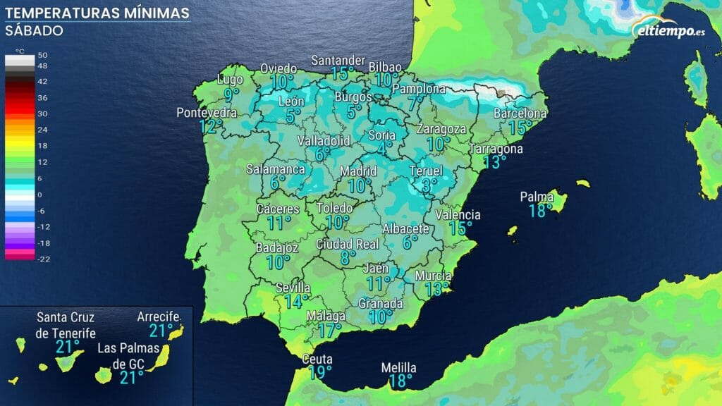 Temperaturas mínimas previstas para el sábado 1 de octubre. veranillo de San Miguel