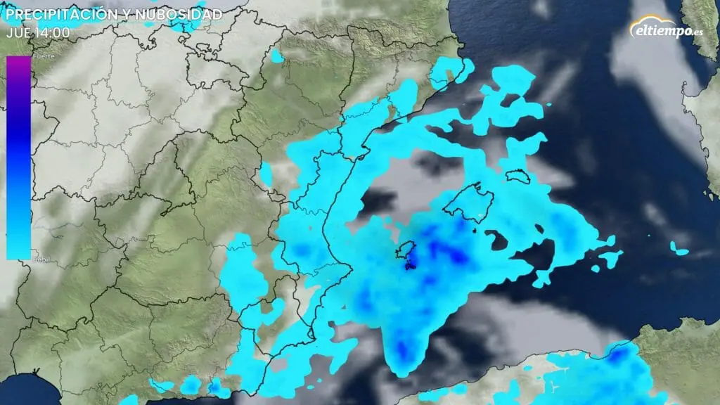 Intensidad de precipitación prevista para el jueves 6 de octubre a las 14 horas. Lluvias en el Mediterráneo. Mapa: Eltiempo.es