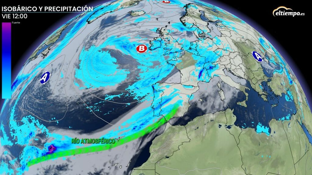 Situación prevista el viernes. Se aprecia la franja de lluvia desde el Atlántico subtropical, correspondiente con el río atmosférico