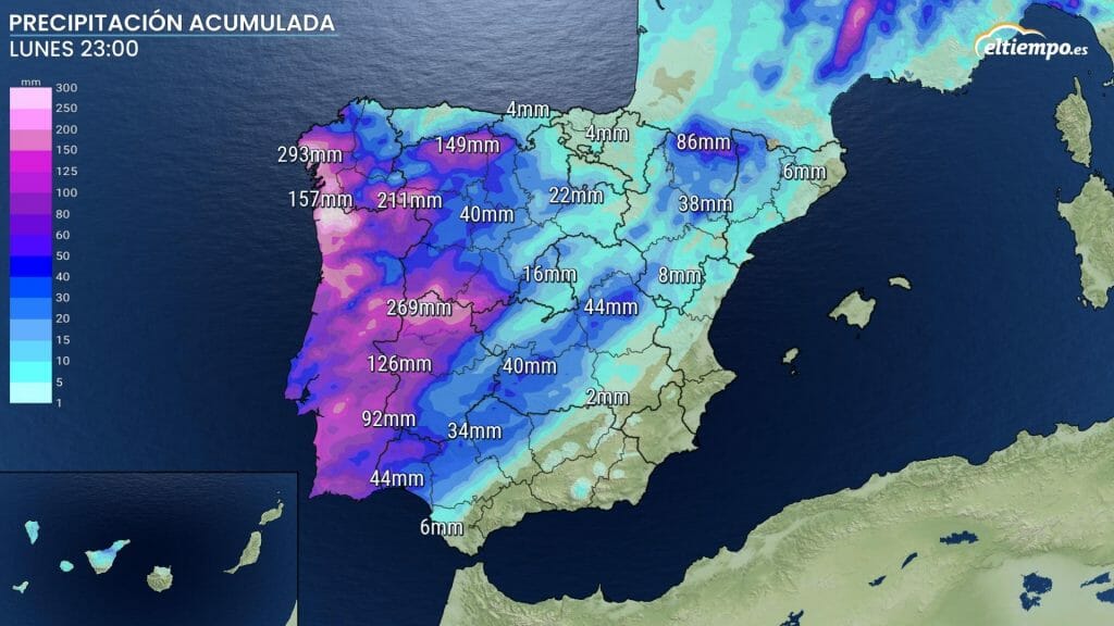 Acumulados previstas hasta el final del lunes. Destacan Galicia y el norte de Cáceres.