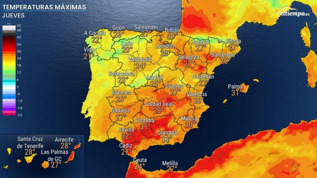 Temperaturas máximas previstas el jueves 27 de octubre. 