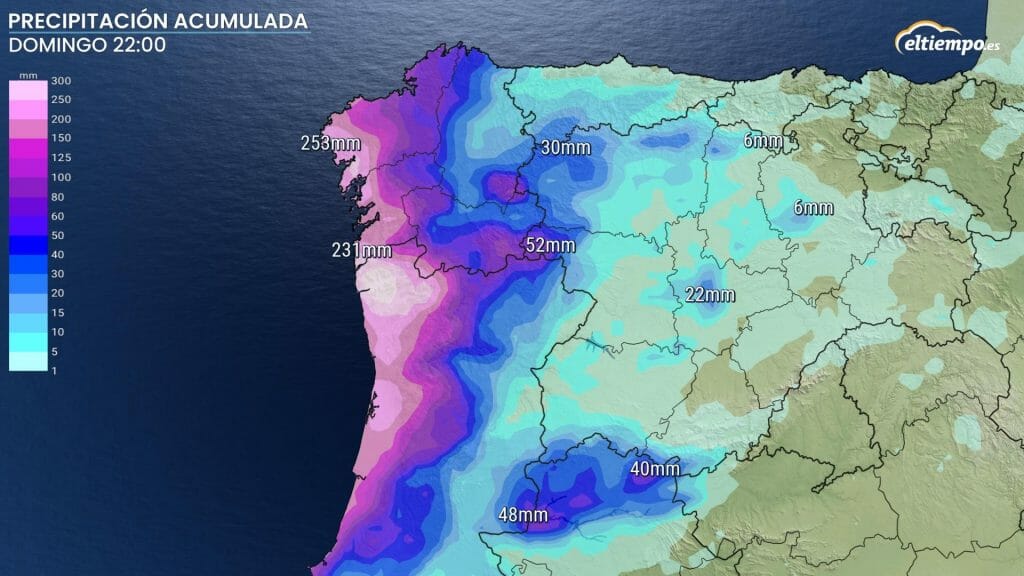 Posibles acumulados de precipitación en la zona noroeste hasta el domingo. 