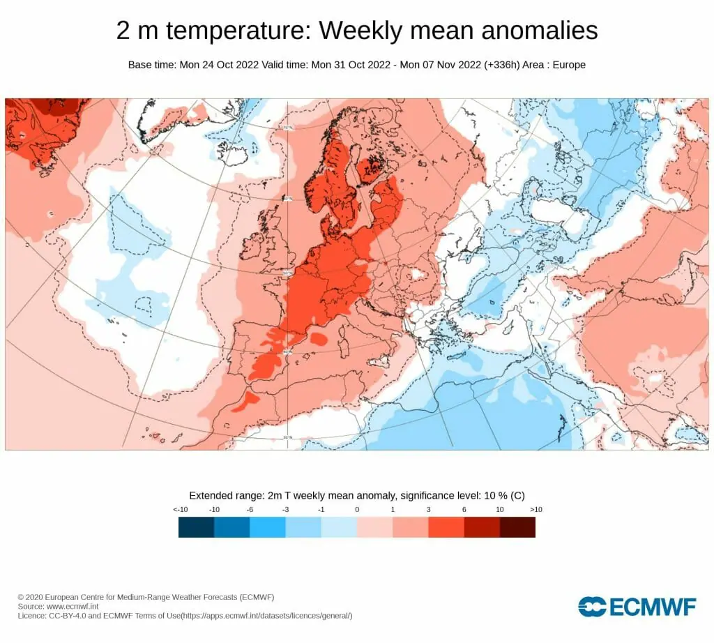 Anomalía de temperaturas para la primera semana de noviembre tras acabar octubre con calor