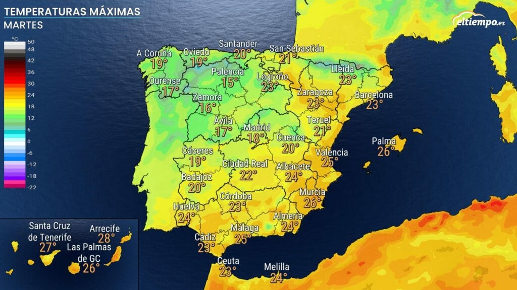 Temperaturas máximas previstas para el 1 de noviembre. 