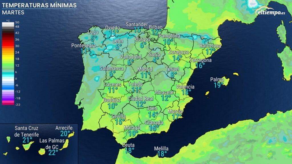 Temperaturas mínimas previstas para el 1 de noviembre. tiempo puente de Todos los Santos