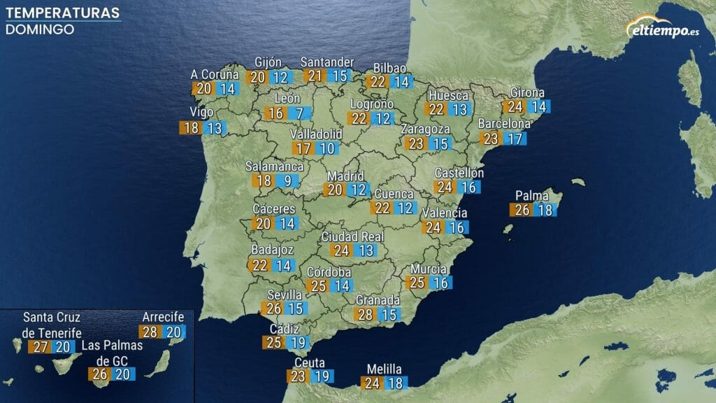 Temperaturas mínimas y máximas prevista para el domingo 30 de octubre. 