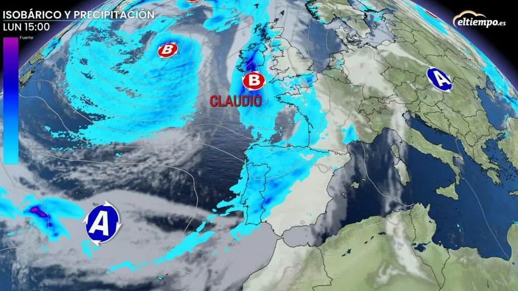 Situación prevista con la borrasca Claudio y sus frentes asociados dejando lluvias sobre España. Mapa: Eltiempo.es