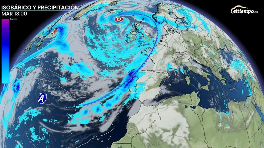 Tiempo de esta semana: Frente sobre España con lluvias avanzando de oeste a este. Mapa: Eltiempo.es