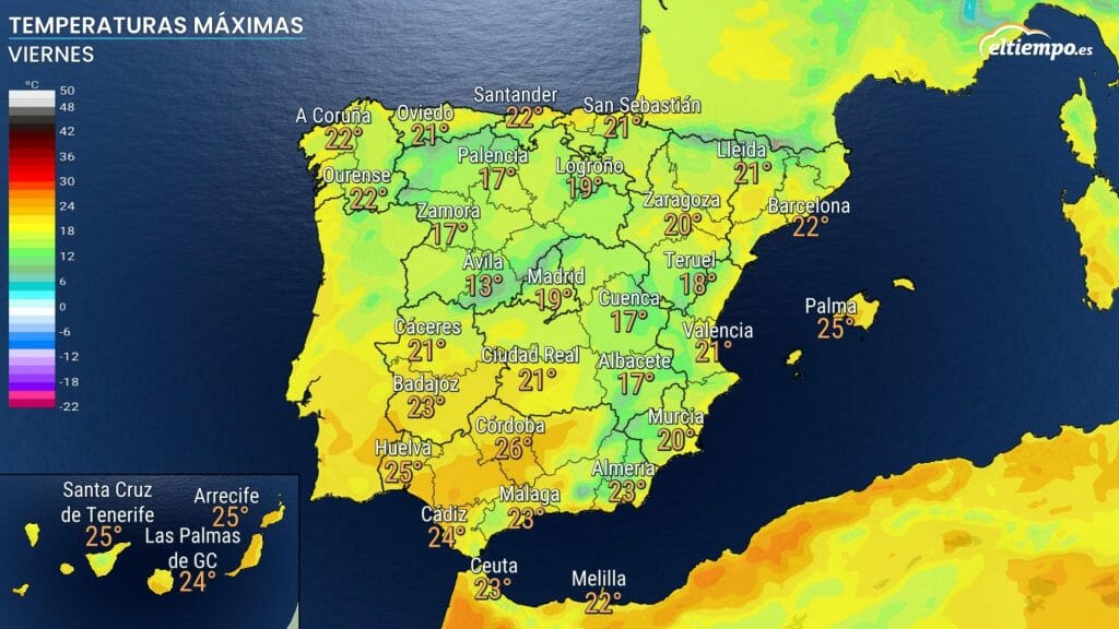 Temperaturas máximas previstas el viernes 11 de noviembre. Veranillo de San Martin