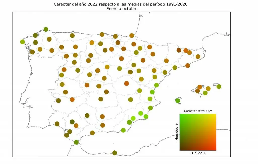 Carácter de la precipitación y la temperatura en los primeros 10 meses del año en distintos puntos de España. 