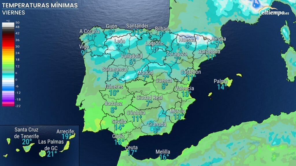 Mínimas previstas para el viernes 25. Mapa: Eltiempo.es Próximamente: zarpazo invernal