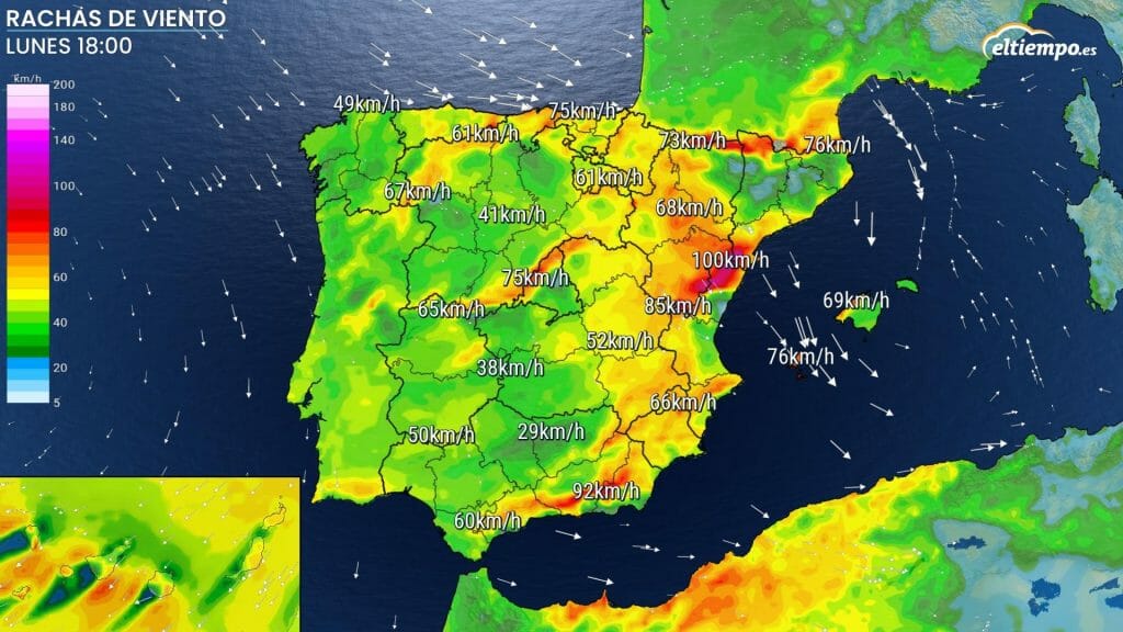 Situación de fuertes vientos en la tarde del lunes 28. Mapa: Eltiempo.es Tiempo desapacible con frío y viento en el 'zarpazo invernal'. 