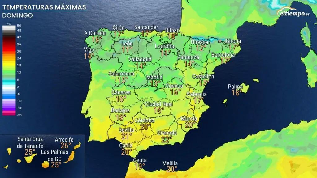 Temperaturas máximas previstas el domingo 27. Mapa: Eltiempo.es