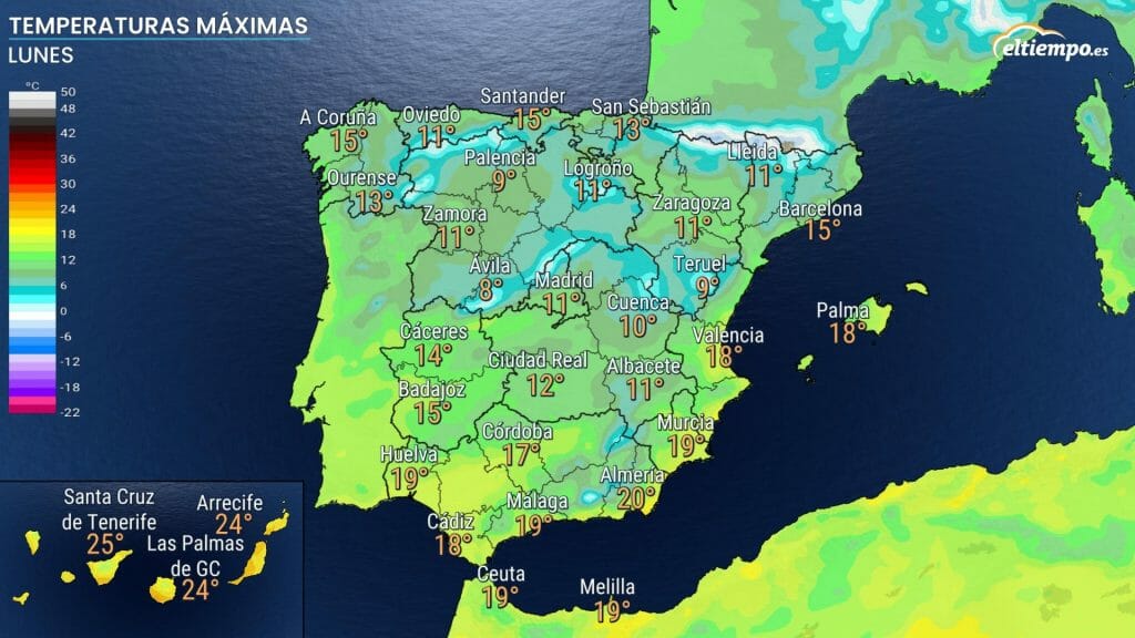 Temperaturas máximas previstas el lunes 28. Primer zarpazo invernal. 