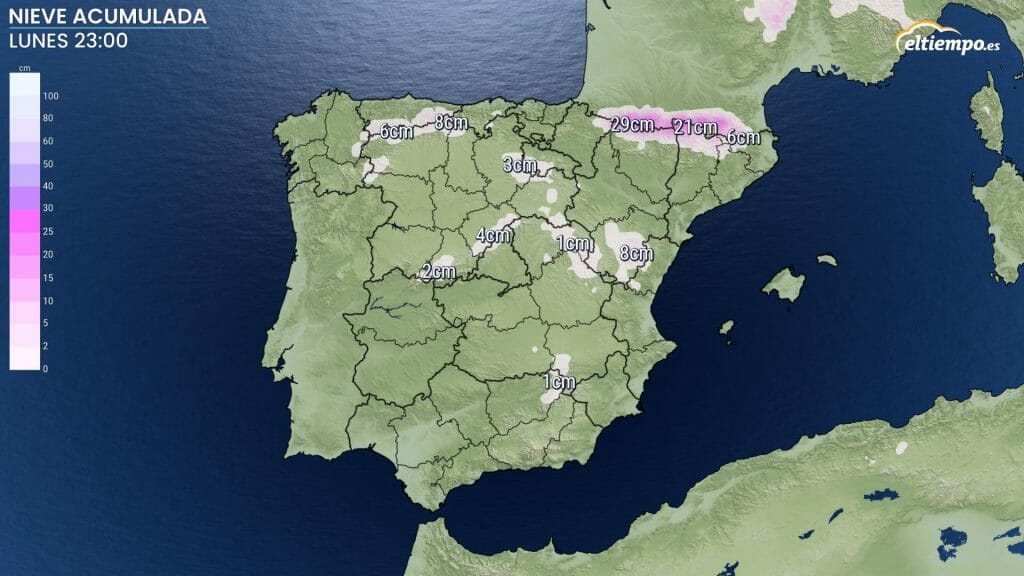 Previsión de centímetros de nieve que podrían acumularse hasta las 23 horas del lunes 28 de noviembre. Mapa: Eltimpo.es