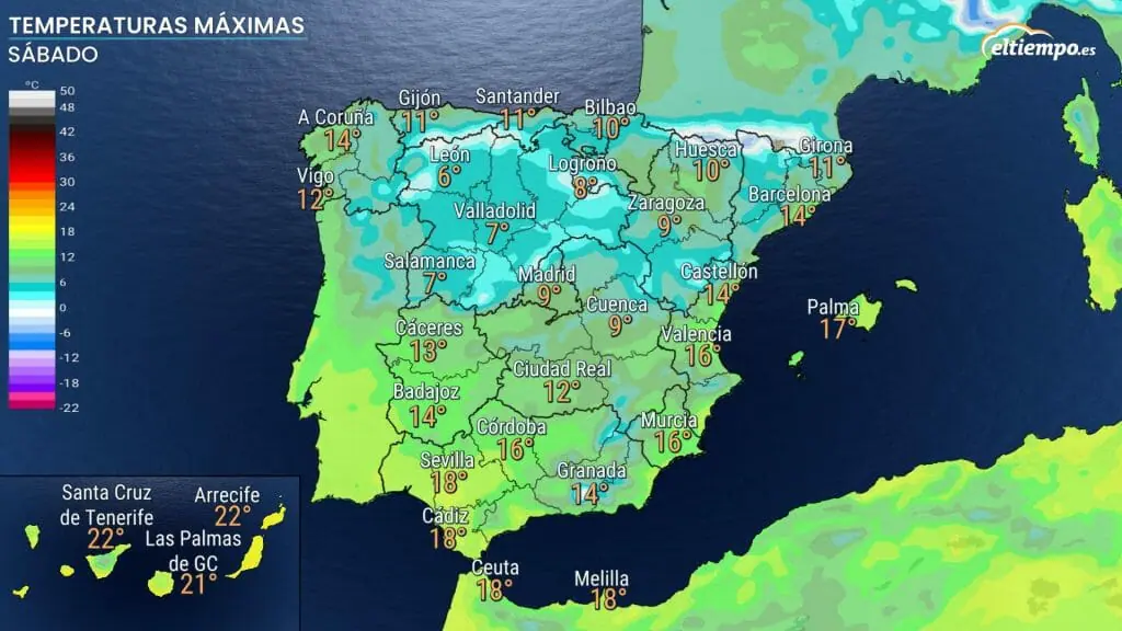 Temperaturas máximas previstas el sábado 3 de diciembre. Mapa: eltiempo.es