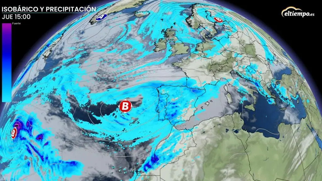 Borrasca atlántica al oeste de España dejando lluvias generalizadas en la península Ibérica el 8 de diciembre. Mapa: Eltiempo.es