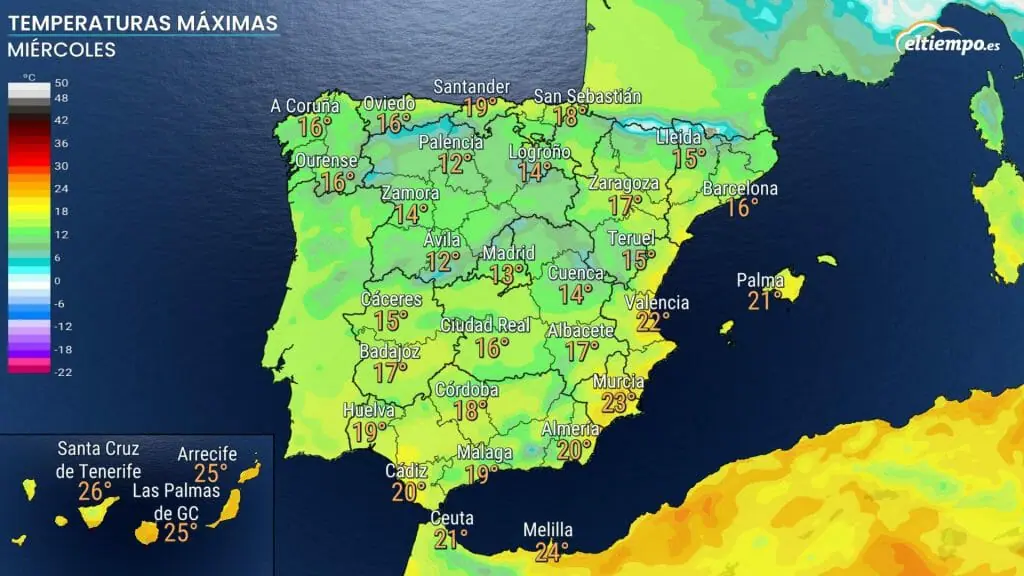 Temperaturas máximas previstas el miércoles 14 de diciembre. Mapa: Eltiempo.es