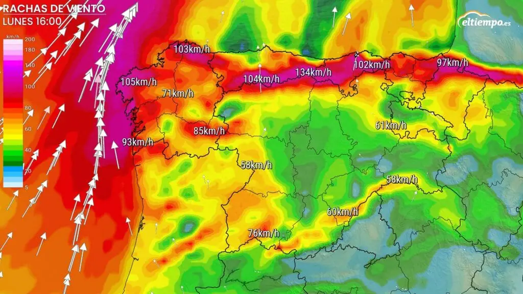 Fuertes rachas de viento del sur en Galicia y las regiones del Cantábrico previstas para el lunes 19. Mapa: Eltiempo.es