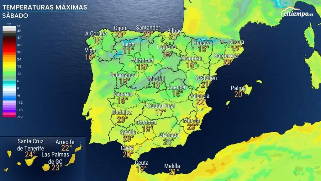 Temperaturas máximas previstas para el último día del 2022. Fuente mapa: ElTiempo.es