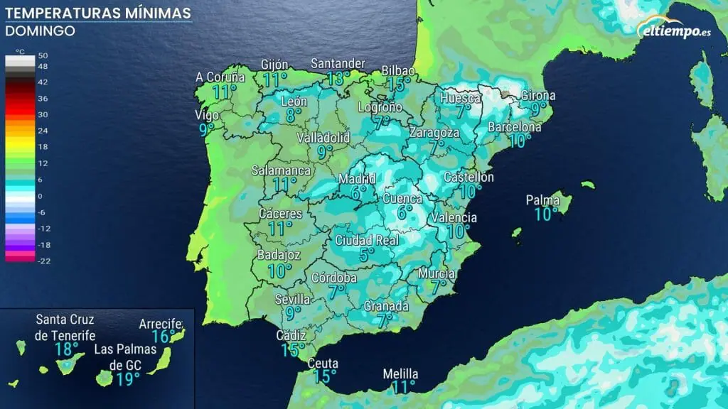 Mínimas previstas para Año Nuevo 2023. No hará frío en Nochevieja. Fuente mapa: ElTiempo.es