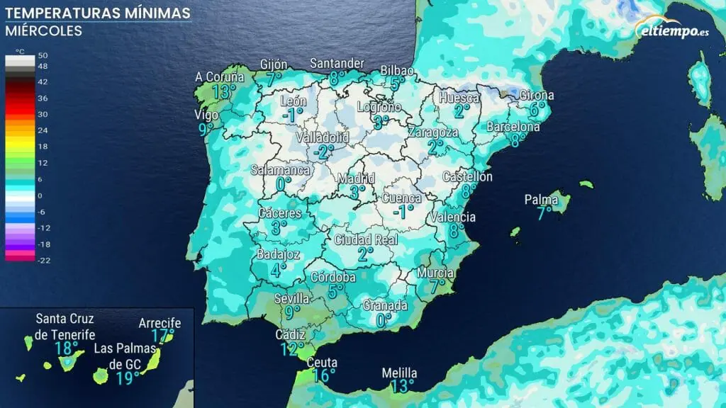 Heladas en Castilla y León y Castilla-La Mancha. Previsión mínimas 4 de enero. Fuente mapa: ElTiempo.es
