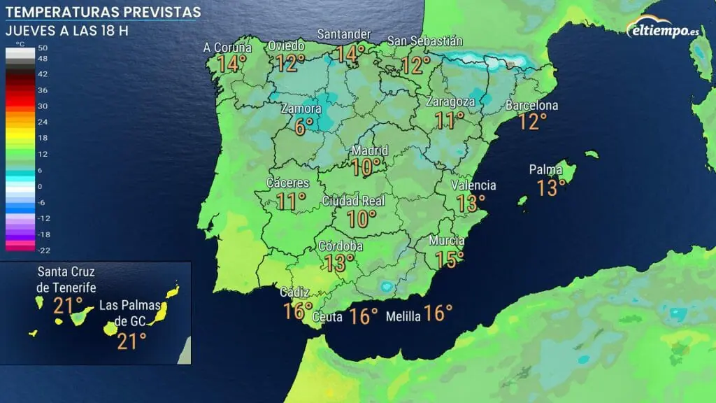 Temperaturas previstas para la Cabalgata de Reyes. Fuente mapa: ElTiempo.es