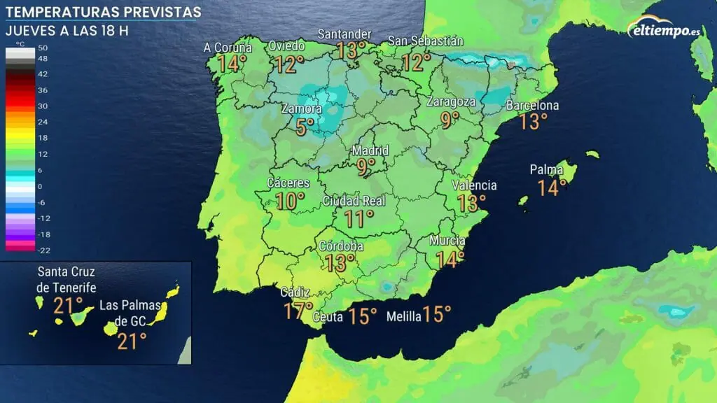 Temperaturas previstas en la tarde de la cabalgata 2023. Mapa: Eltiempo.es