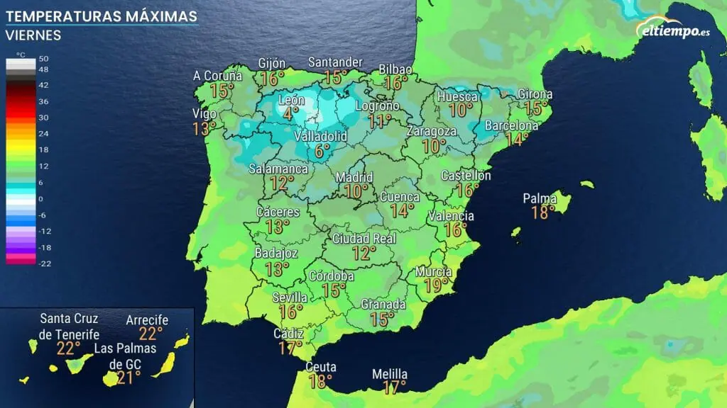 Máximas previstas en el día de Reyes 2023. Mapa: Eltiempo.es