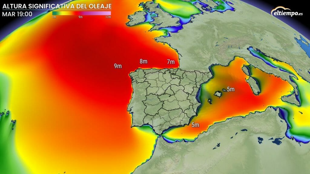 Gran oleaje previsto en las costas españolas este martes 17. Mapa: Eltiempo.es