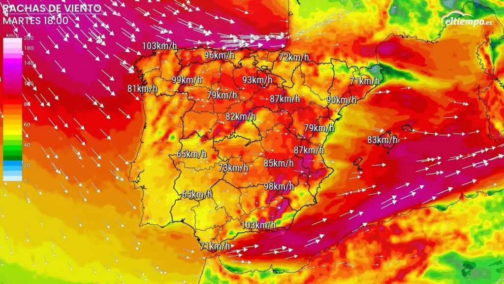 Rachas de viento previstas para el 17 de enero. Fuente mapa: ElTiempo.es
