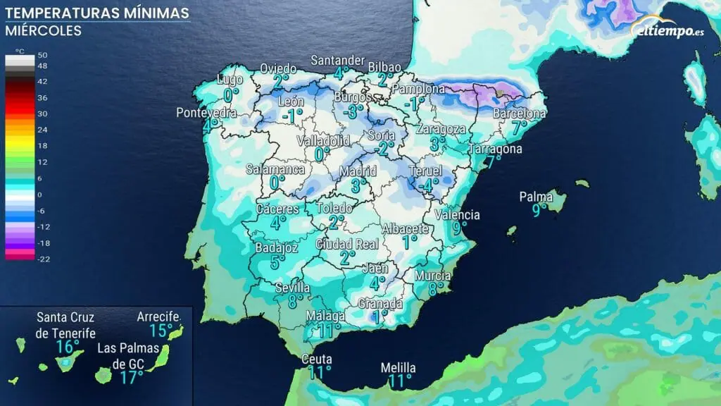 Importantes heladas a partir del miércoles 18 de enero. Mapa: Eltiempo.es