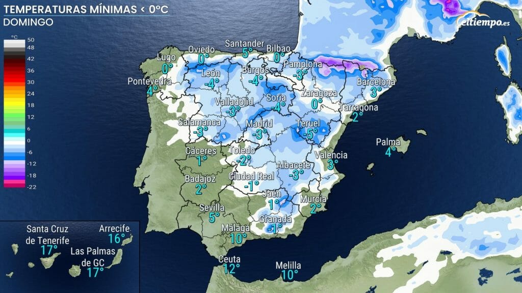 Mínimas previstas el domingo 22 de enero. En color las zonas por debajo de 0ºC. Mapa: Eltiempo.es