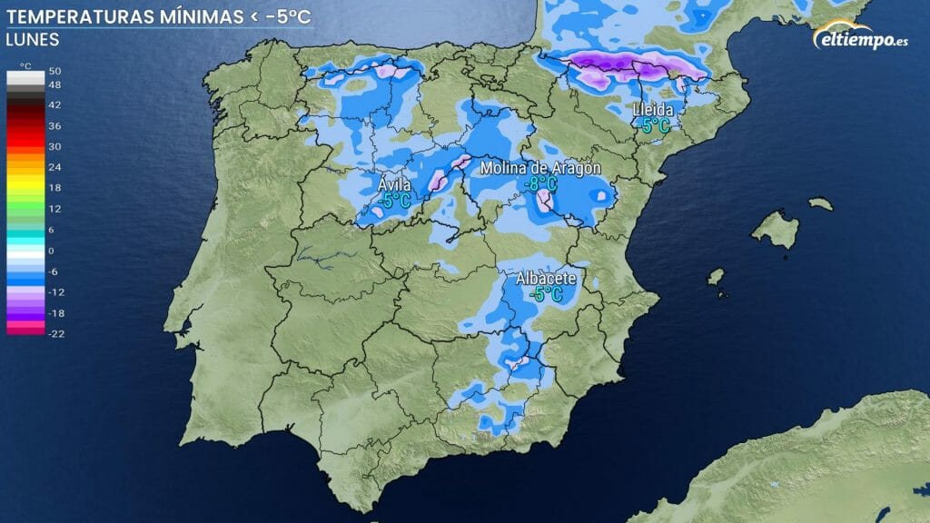 En todas las zonas coloreadas las mínimas serán de -5ºC o inferiores el 23 de enero. Mapa: Eltiempo.es