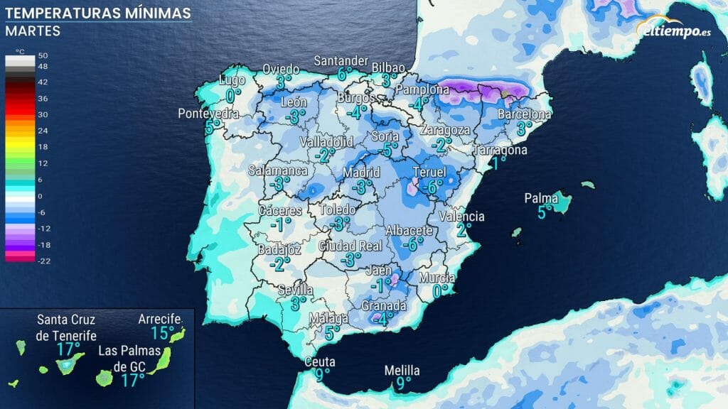 Mínimas previstas el martes 24 de enero cercanas a las de ola de frío. Mapa: Eltiempo.es