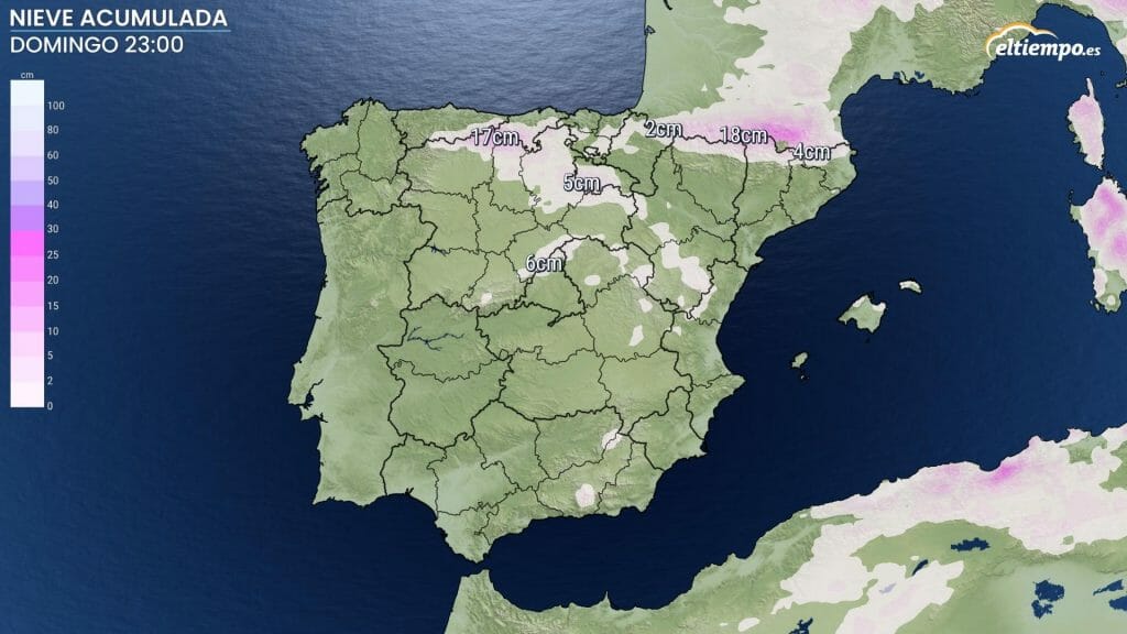 Previsión de acumulados de nieve entre las 0 h del viernes y las 23 h del domingo. Mapa: Eltiempo.es