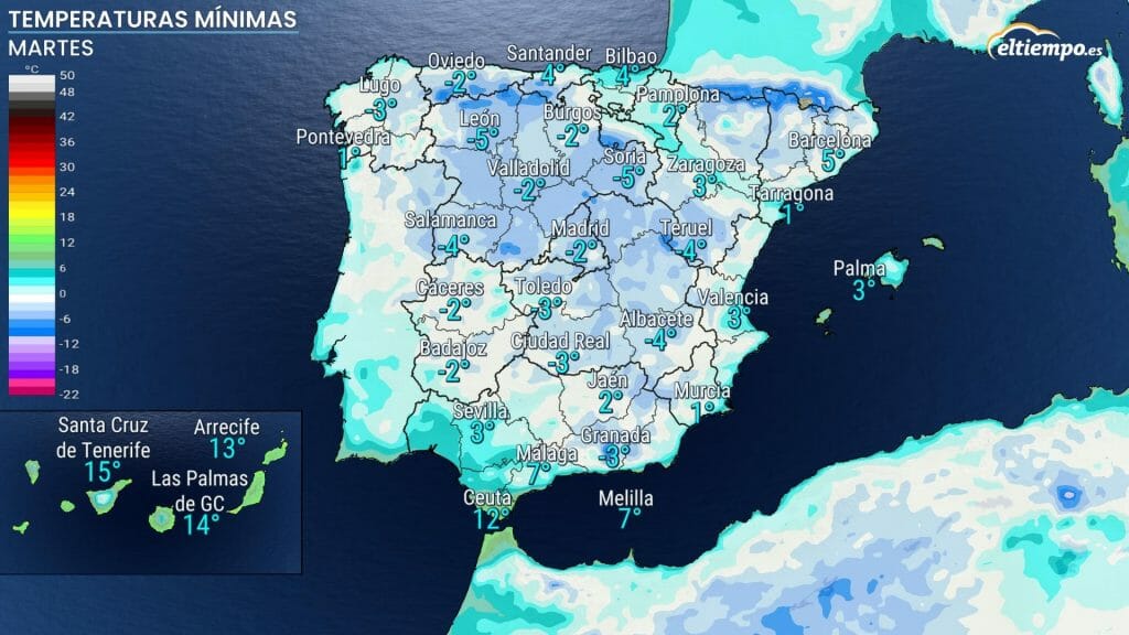Mínimas previstas el martes 31. Mapa: Eltiempo.es