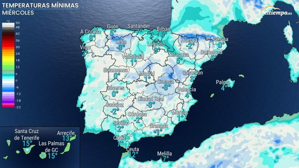 Temperaturas máximas previstas para el 1 de febrero. Frío con el anticiclón estancado. Fuente mapa: ElTiempo.es