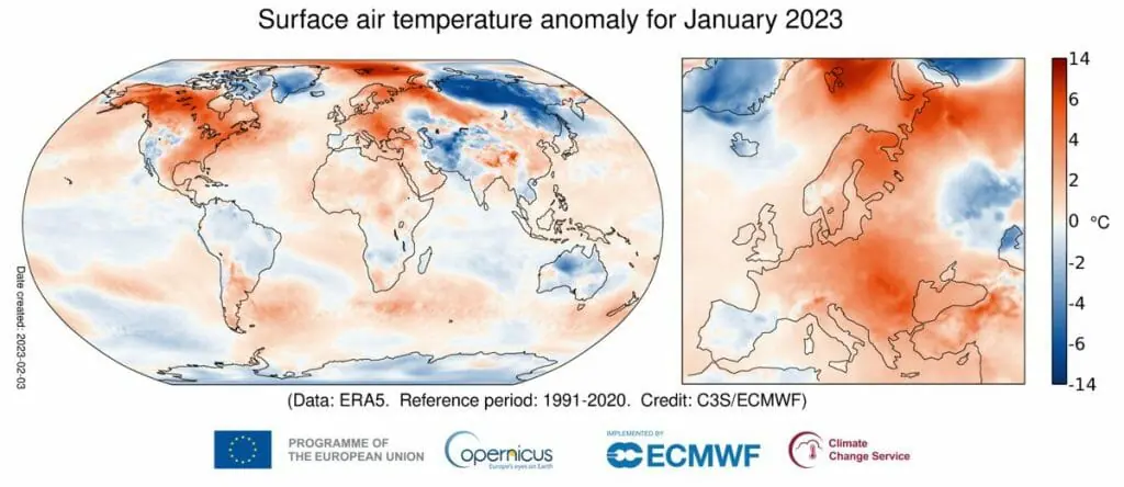 enero 2023 cálido europa anomalía medias