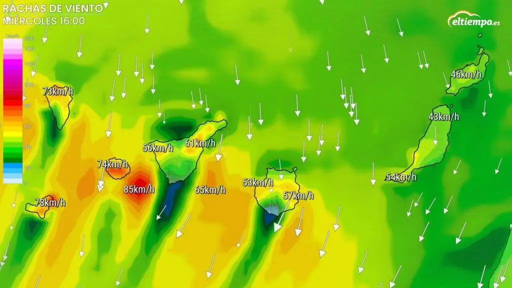 Rachas de viento previstas para el miércoles 15 en Canarias. Mapa: Eltiempo.es 