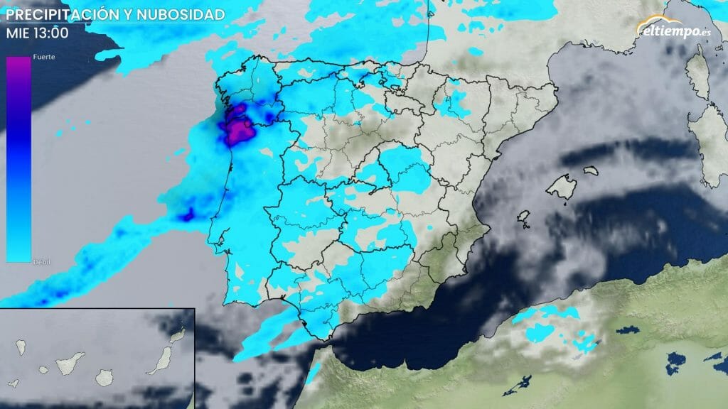Intensidad de lluvia previstas para las h del miércoles 8 de marzo. Mapa: ElTiempo.es