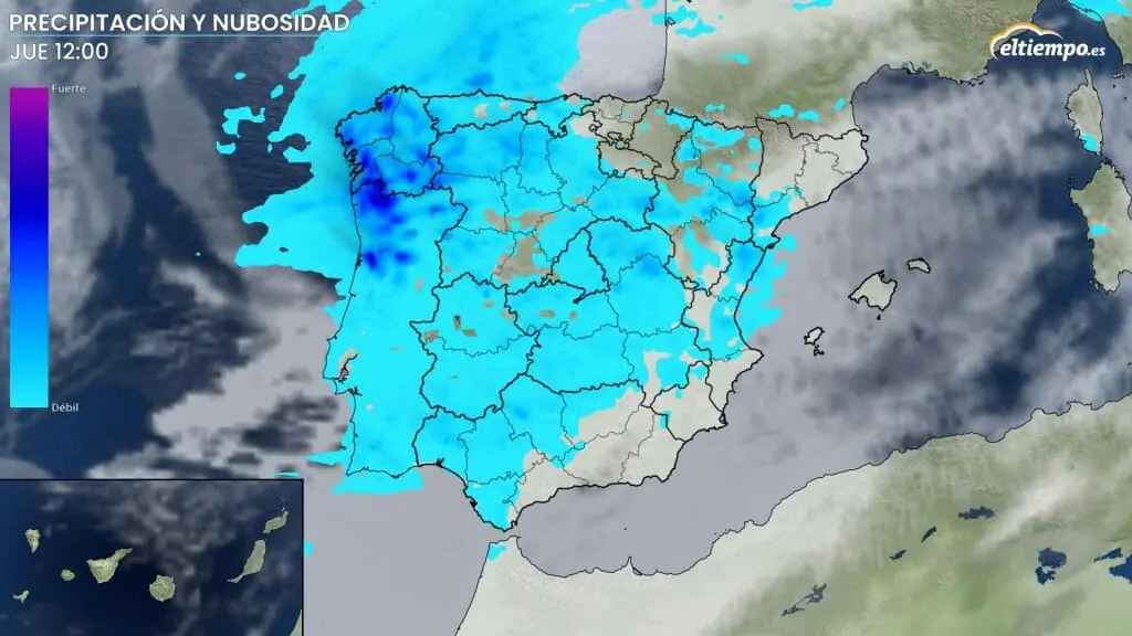 Intensidad de lluvia previstas para el mediodía del jueves 9. Mapa: ElTiempo.es