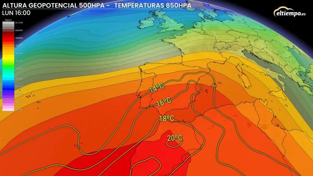 Situación prevista para el lunes 13 con una masa de aire cálido sobre el sur/sureste de España. Mapa: Eltiempo.es