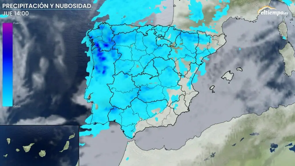 Intensidad de lluvia prevista el jueves 9 de marzo. Mapa: Eltiempo.es