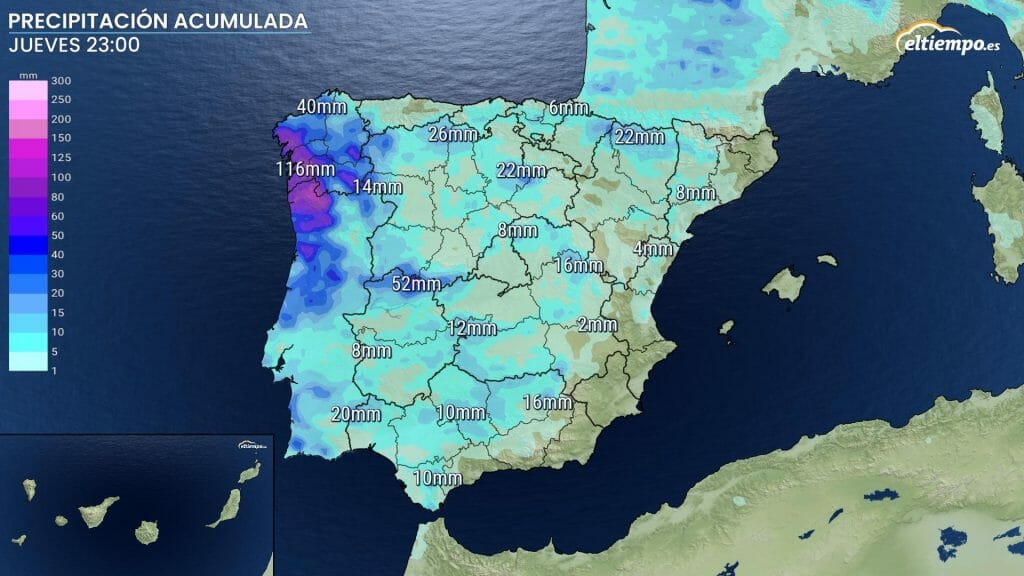 Precipitación acumuklada prevista entre el miércoles y el jueves. Mapa: Eltiempo.es