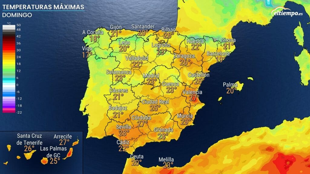 Temperaturas máximas previstas para el domingo 12 de marzo. Mapa: eltiempo.es