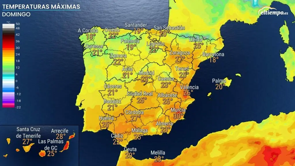 Máximas domingo 12 de marzo. Mapa: eltiempo.es