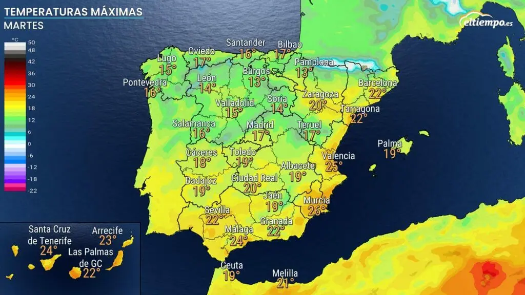 Temperaturas máximas previstas para el martes 14 de marzo. Mapa: Eltiempo.es