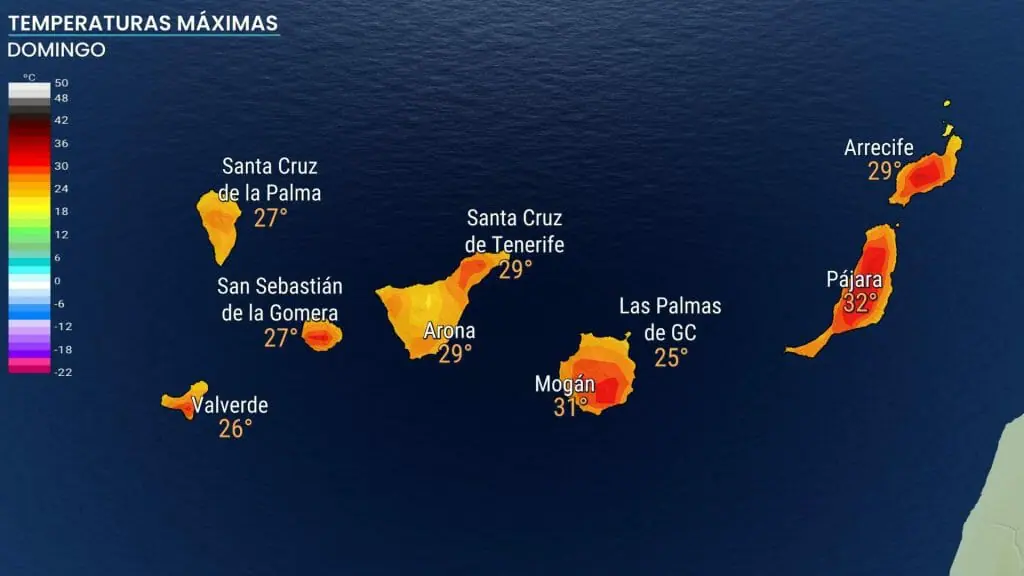 Temperaturas previstas a primera hora de la tarde del domingo 12 en Canarias. Mapa: Eltiempo.es